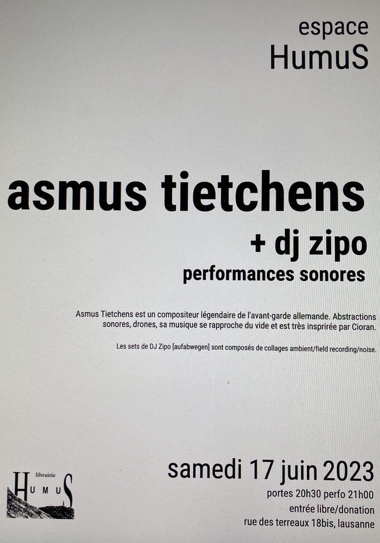 Read more about the article 17/06/2023 Asmus Tietchens live at HumuS libraire & espace d’arts Lausanne/CH